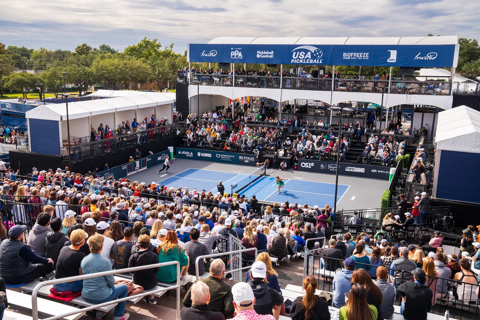 Aerial view of a PPA Tour pickleball championship court packed with fans.